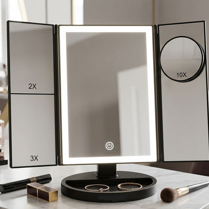 Miroir de maquillage cosmétique lumineux 24 LED grossissant Miroir de table pliable avec écran tactile