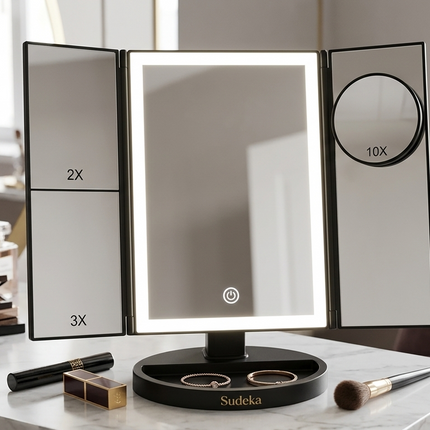 Miroir de maquillage cosmétique lumineux 24 LED grossissant Miroir de table pliable avec écran tactile